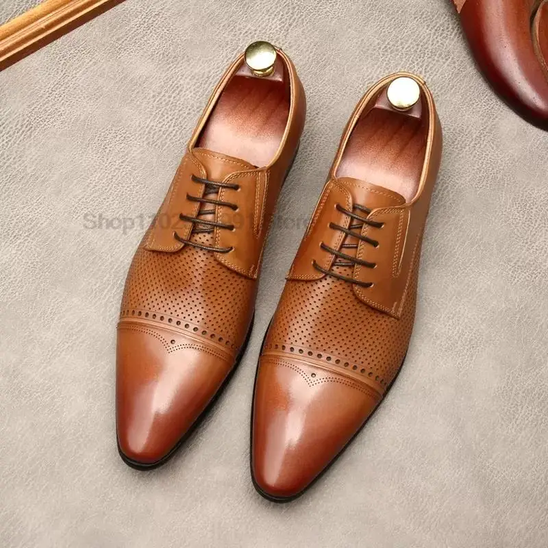 

Men Genuine Cow Leather Oxford Shoes Black Brown Breathable Lace Up Formal Wear Man Wedding Dress Office Pointed Toe Derby Shoes