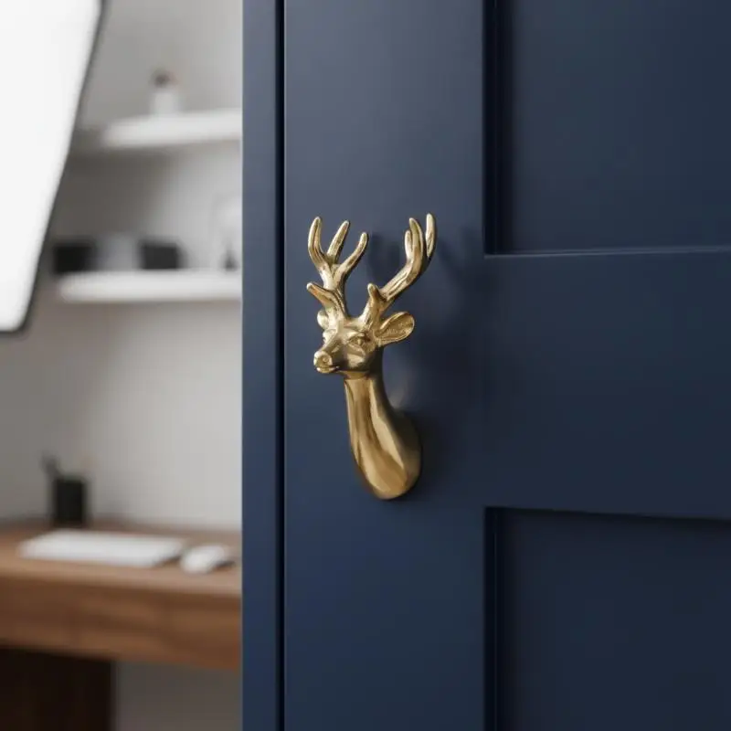 Single Hole Retro Brass Deer Head Cabinet Pull Durable Furniture Hardware Drawer Handle for Home DIY Renovation