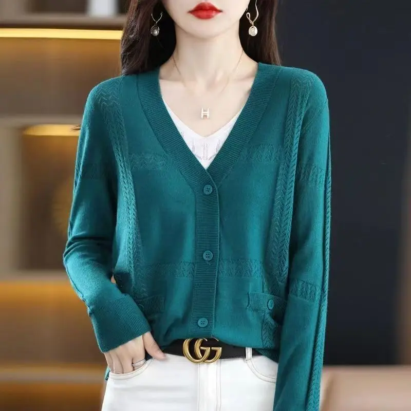 V-Neck Multiple Colour Casual Cardigan Spring Summer Single Breasted Thin Women's Clothing Knitting Outer Loose Straight Sweater