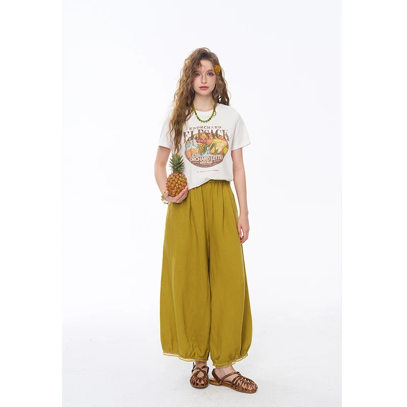 ELFSACK Women's Loose Harem Bloomers Pants with Lace Trim, Solid Color Cotton Linen Trousers for Vacation, Casual Sweet Bottom