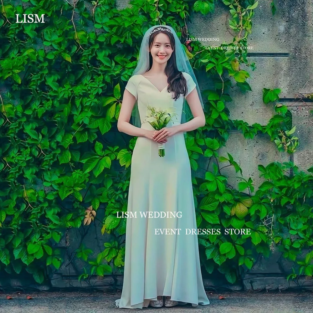 

LISM Simple Korea Wedding Party Dress Photo Shoot V-Neck Matte Satin Pleat A-Line Formal Bridal Gowns Robe De Mariee For Women