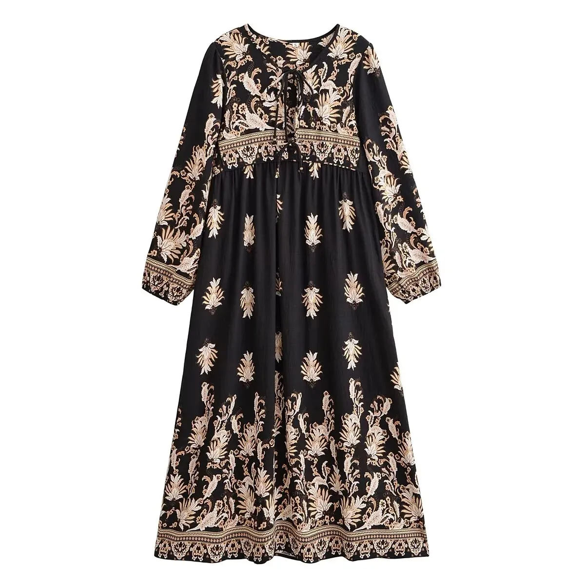 European and American 2026 new summer women's French retro holiday style positioning printed lace-up bohemian loose dress