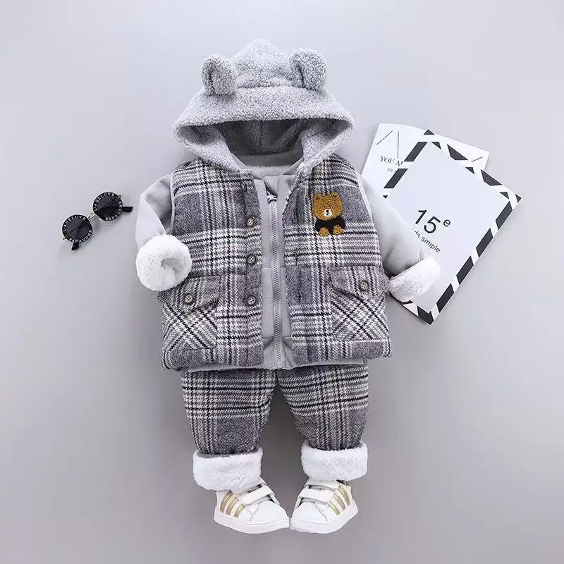 

Baby Winter Plush Warm Korean Casual Checkered 3pcs Kids Set Cartoon Hooded Vest+Long Sleeve Hoodie+Pant Cute Boys Sport Clothes