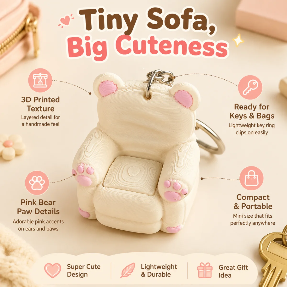 1pc Cute Bear Sofa Fidget Keychain, Eco 3D Printed PLA Cream Pink Paw Detail Mini Armchair Press Stress Relief Bag Pendant