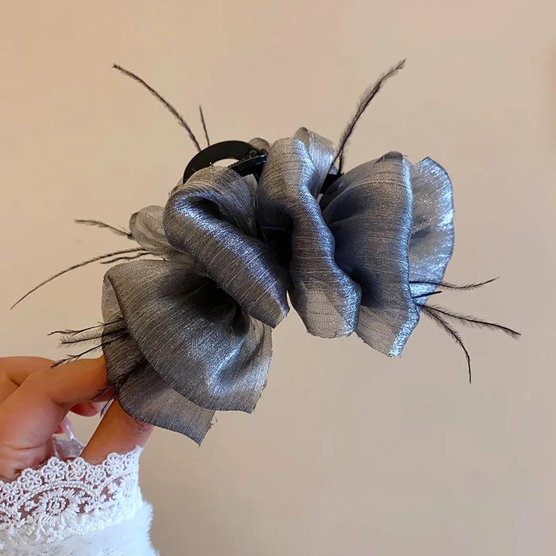 女性用プリーツメッシュヘアクリップ,弓,羽,アクリル,用途の広いアクセサリー,豪華なファッション,新しい