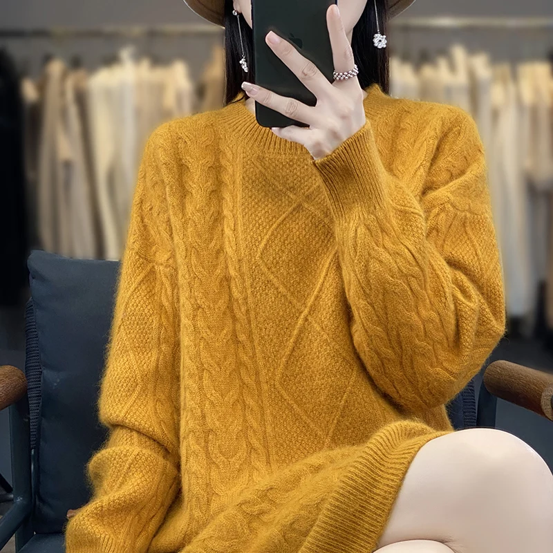 DjzDsm Autumn And Winter New 100% Mink Fur Women's High Quality Round Neck Thick Warm Jumper Knitted Solid Color Loose Dress