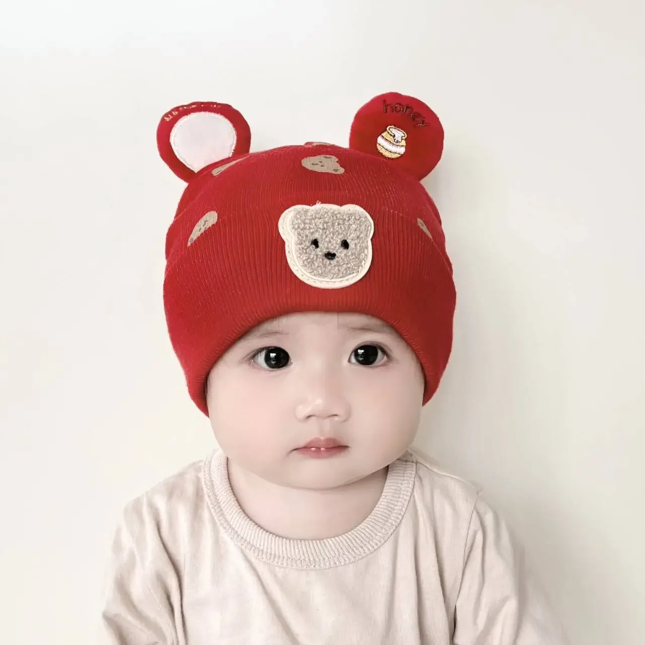 Wnter Gorro cálido para bebé, gorro tejido con orejas de oso para niño y niña, gorros tipo jersey con estampado de dibujos animados para niños
