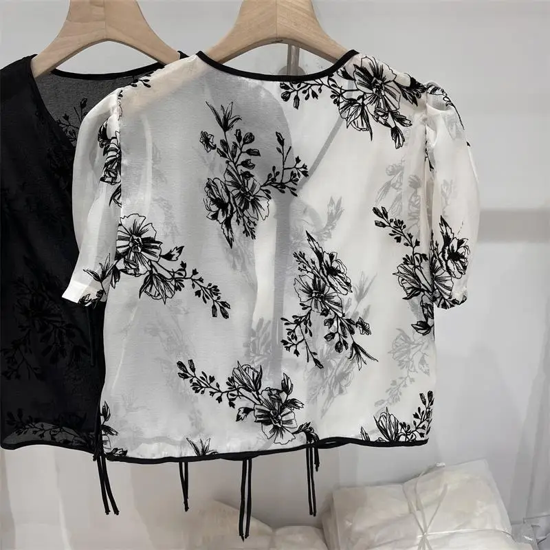 Shirts Women Temper Vintage Crop Tops Printing Chinese Style Casual Summer Elegant Fashion Clothing Streetwear Puff Sleeve Chic