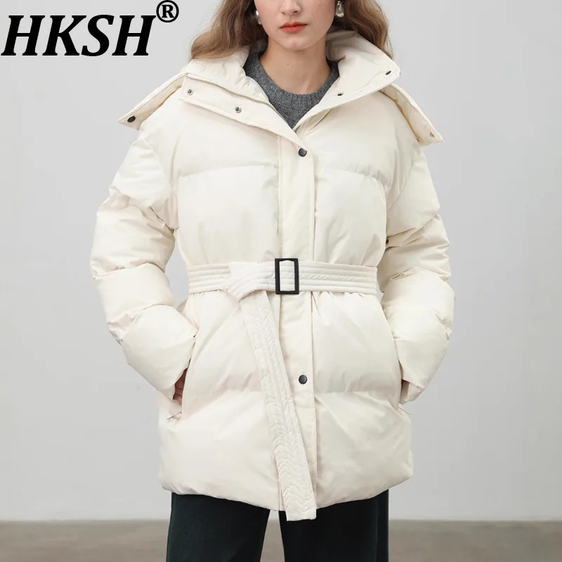 HKSH Winter New Women Cotton-padded Coat Hooded Zipper Belt Pockets Solid Color Versatile Elegant Casual Ins Warm Jacket HK16825