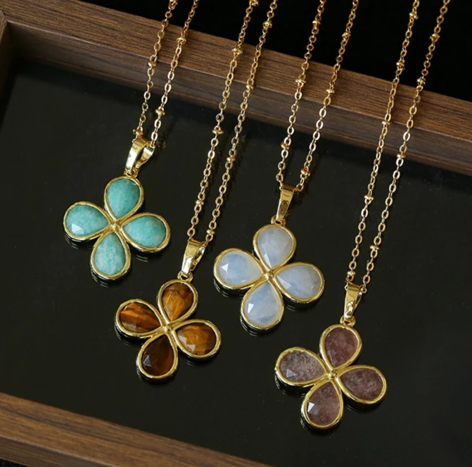 Europe Fashion Colored Natural Stone Crystal Clover Necklace Women Top Quality Luxury Jewelry