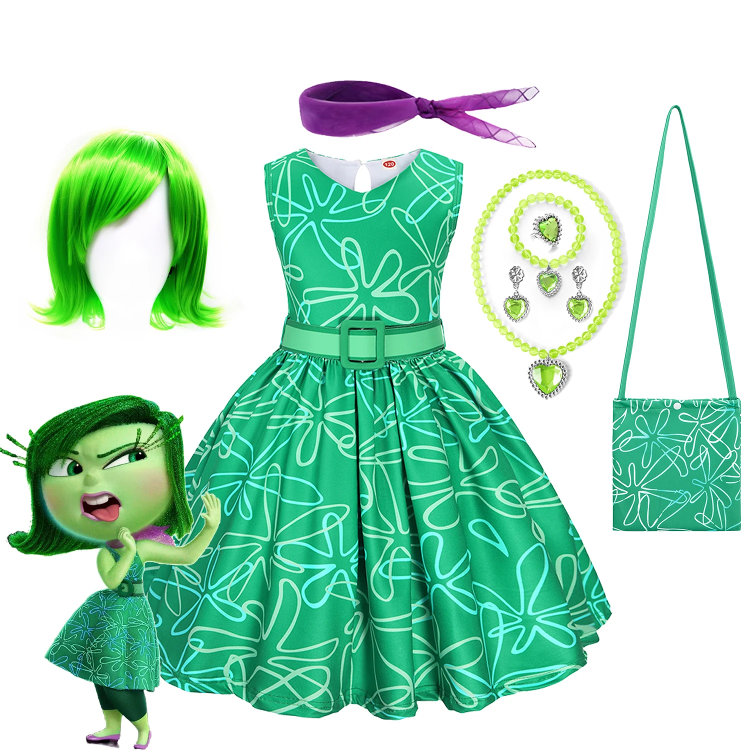 Girls Inside Out Disgust Cosplay Costumes Birthday Party Dress Up Children's Halloween Role-playing Costume Carnival Clothing