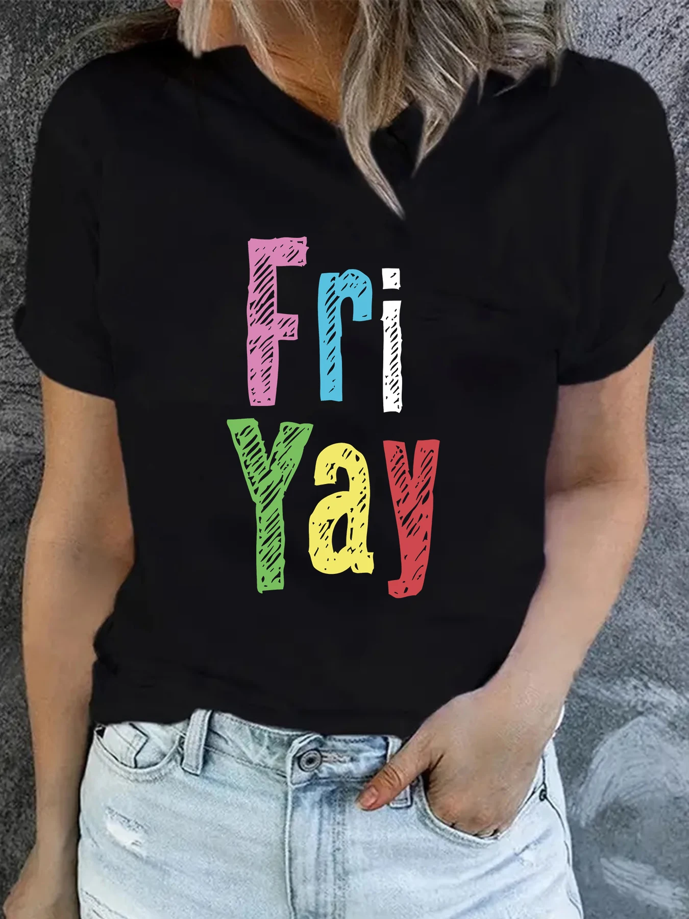 Fri Yay Colored letters Printed T-Shirt Happy Friday Fashion Harajuku Top Summer Round Neck Black Short Sleeve