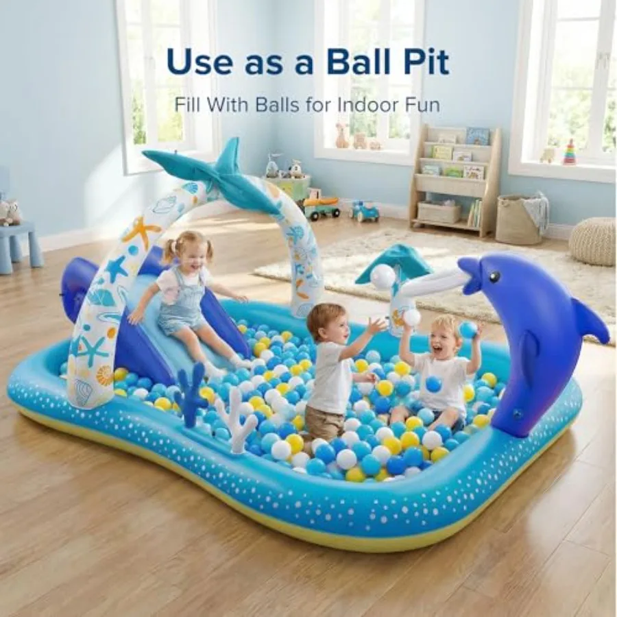 Kiddie Pool with Slide Inflatable Play Center for outdoor water play, PVC material, blue-white color, extra-large 95''x75''x40' view 5