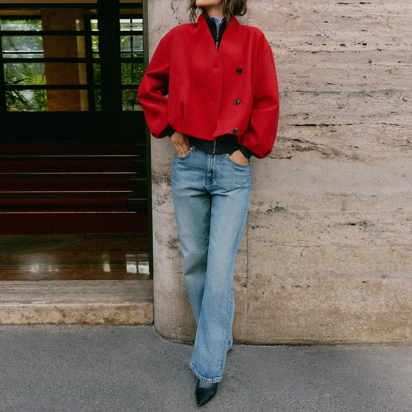 Fashionable Long Sleeve Pure Color Stand Collar Double Lapel Jacket Women's Autumn Wear Casual Loose Fit Button Detail