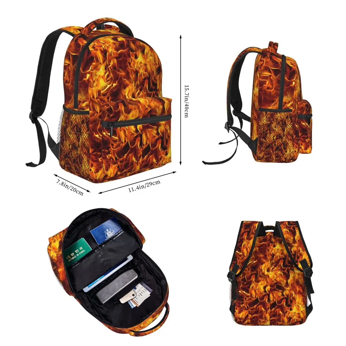 Fire And Flames Pattern Backpacks Boys Girls Bookbag Children School Bag Cartoon Kids Rucksack Lunch Bag Pen Bag Three-Piece Set