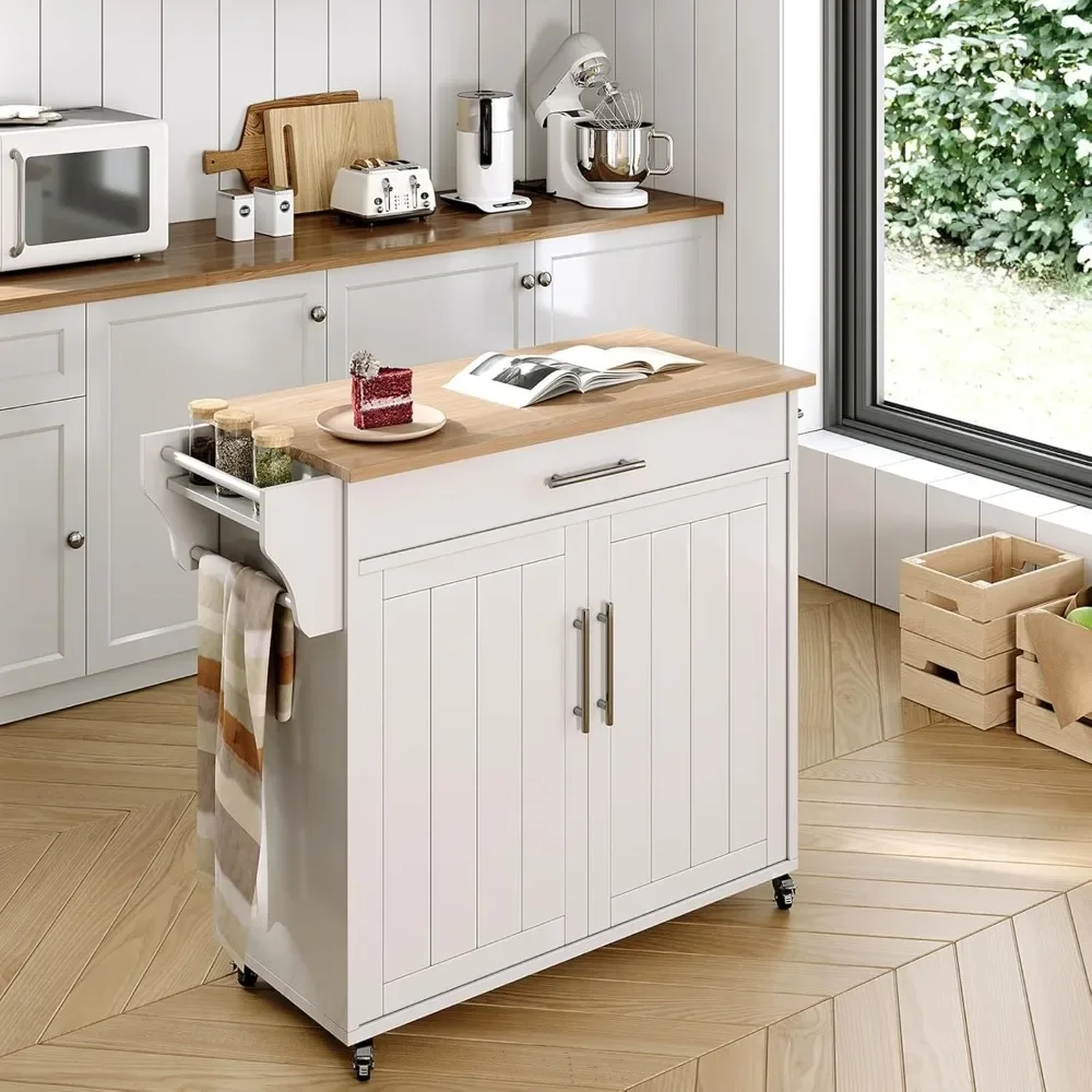 

41" Wooden Kitchen Island on Wheels, Rolling Storage Cart with Towel Rack & Wood Top