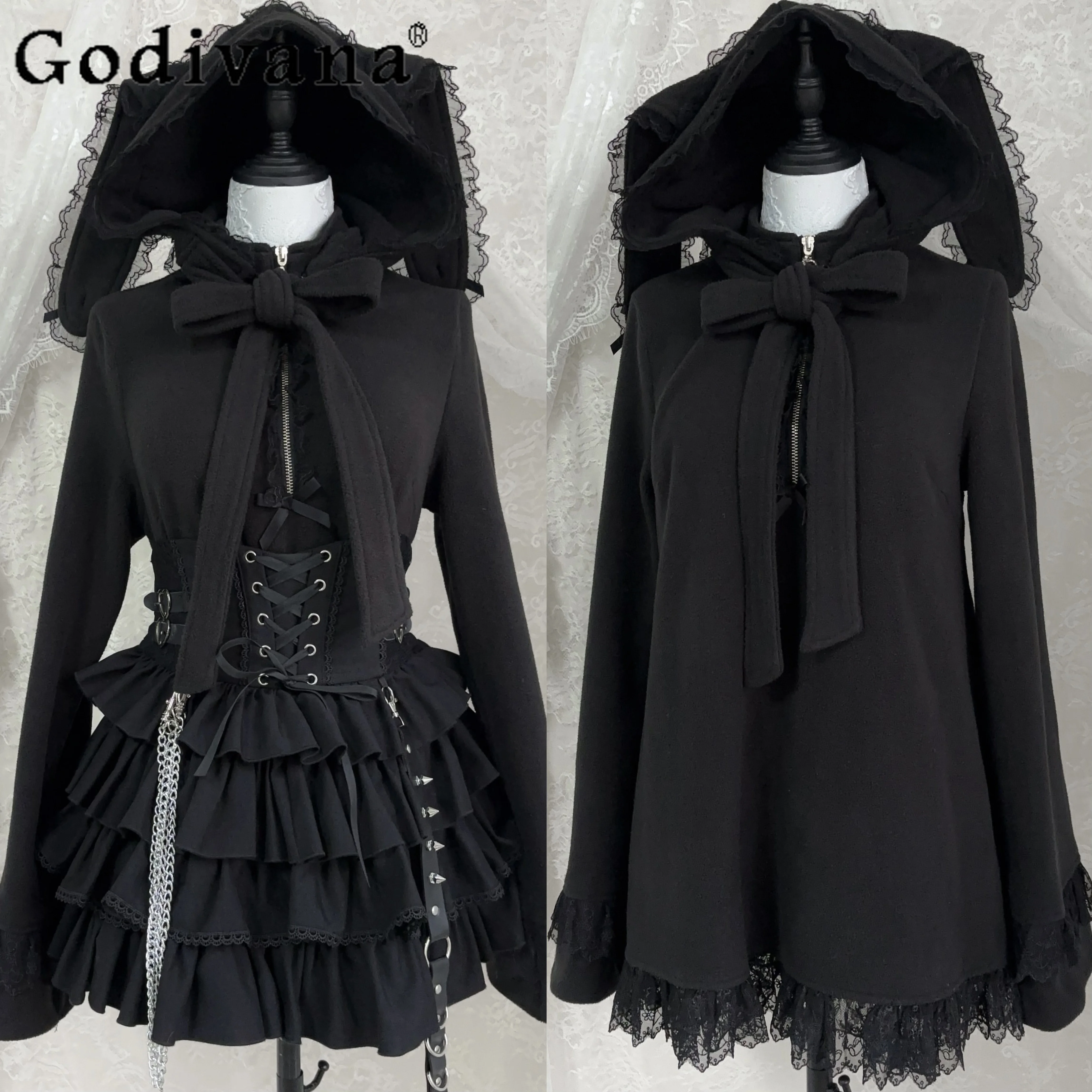 

Original Subculture Japanese Sweet Cool Long Hoodies Autumn Winter New Girl's Kawaii Rabbit Ears Fleece Detachable Hood Tops