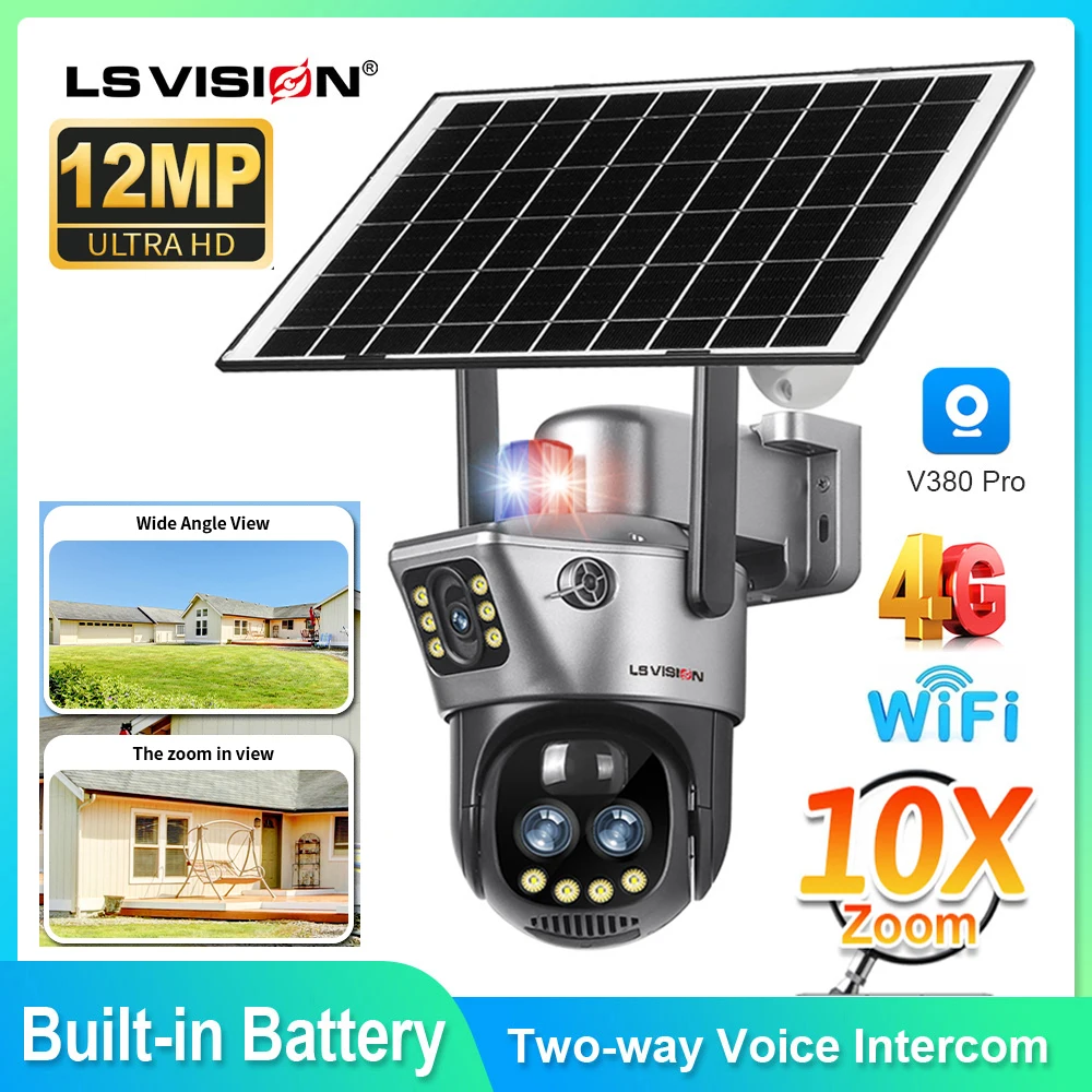 LS VISION Dual Screen WIFI Or 4G SIM Solar Camera 10X Zoom Outdoor Cameras With Light Alarm Auto Tracking PTZ CCTV Cameras IP66