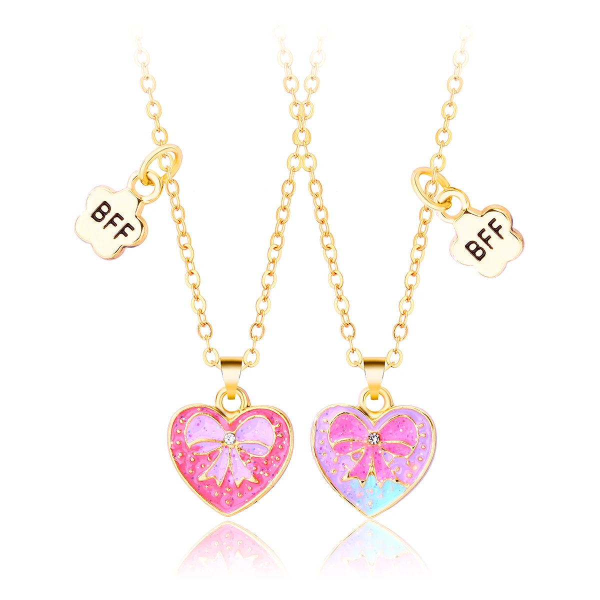 

Best Friends 2 Piece Necklace Bow Pattern In Heart Colorful Pendant With Sprinkle Glitter Necklace Cute Best Friend Necklaces