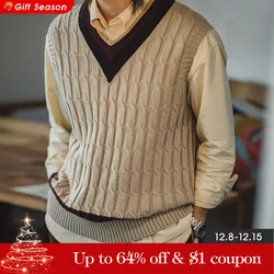 Maden Retro Ivy Knit V-Neck Sweaters Vest Color-Block Sleeveless Classic Versatile Men's Khaki Tops with Preppy Style for Autumn