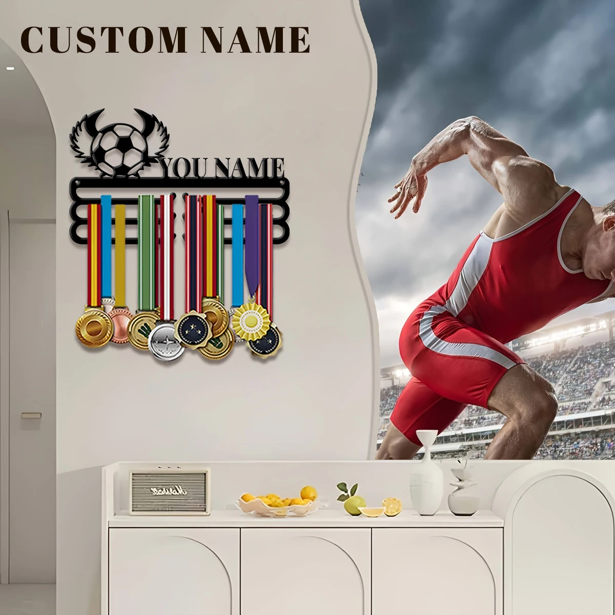 1pc Custom Football Angel Metal Medal Holder,Sports Carnival Hang Metal Wall Art Suitable for Running Marathon Sports Record