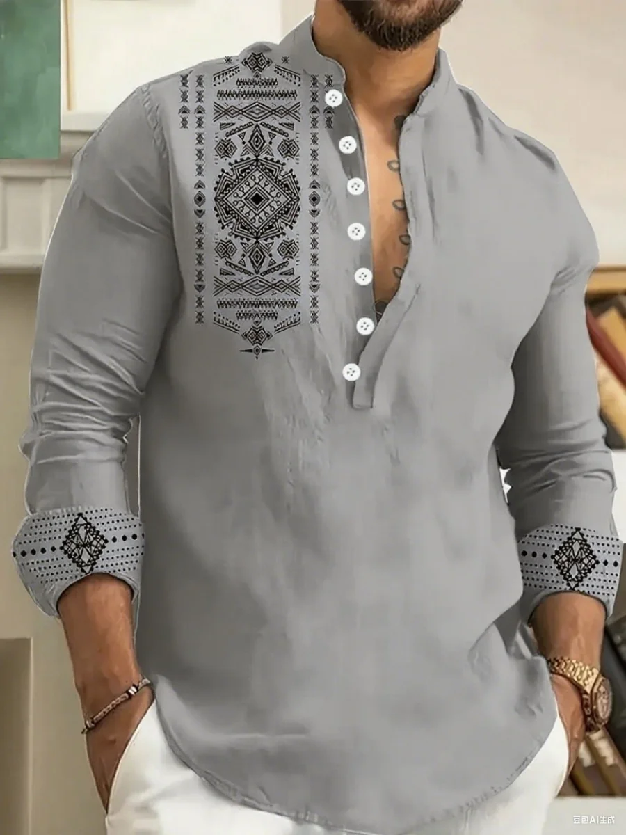 New fashionable 7-button men's long-sleeved shirt, button-down shirt, loose Henry V-neck beach top, T-shirt, high-quality materi