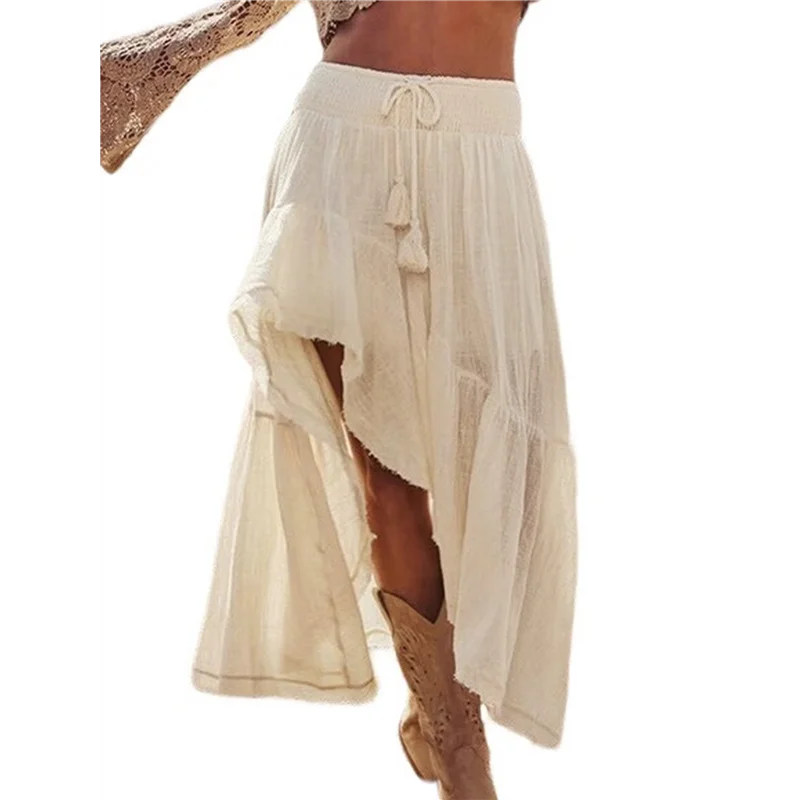 

NEW-Women's Western Bohemian Maxi Dress Summer Casual Asymmetrical High-Low Hem Country Denim Skirt Half Skirt