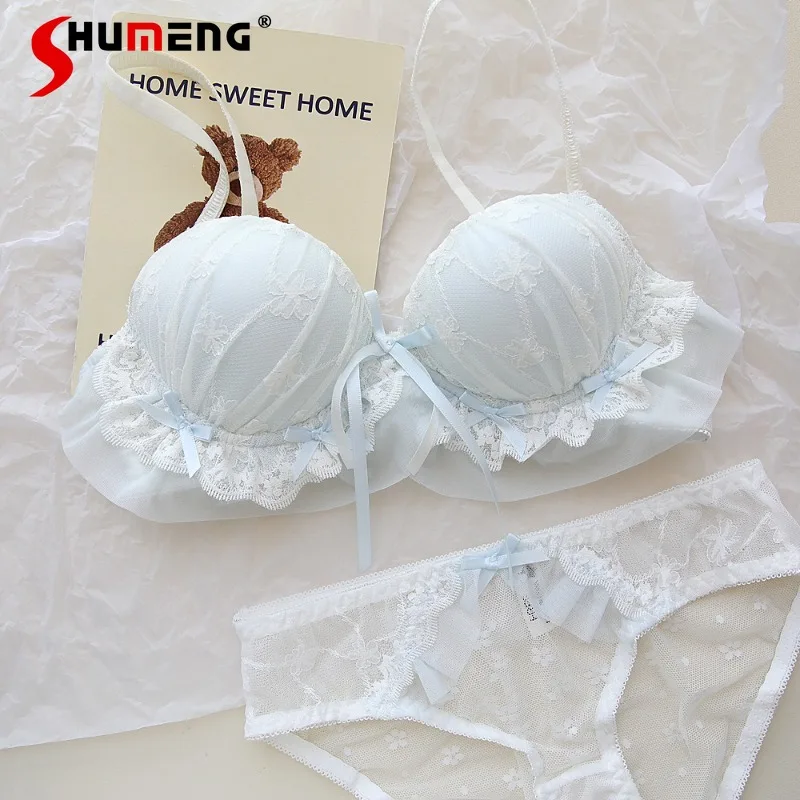 

Japanese Style Ribbon Lolita Girl Underwear Lace Trim Small Chest Push Up Brief Sets Women's Lace Sexy Sweet Bra Suits