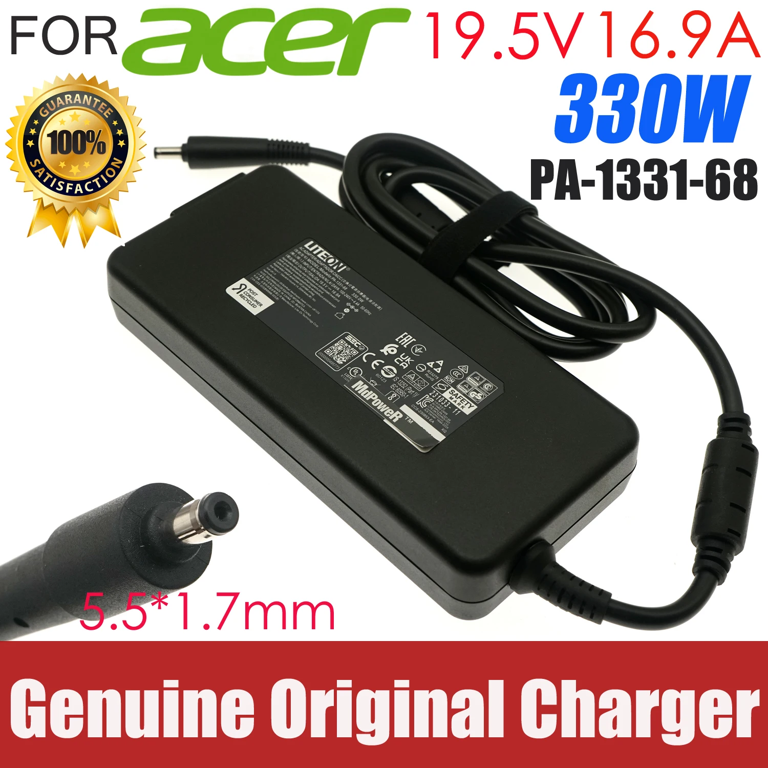 Genuine LiteOn PA-1331-68 19.5V 16.9A 330W Charger for Acer Nitro 5 AN517-42 Helios 300 Helios 500 Gaming Laptop AC Adapter