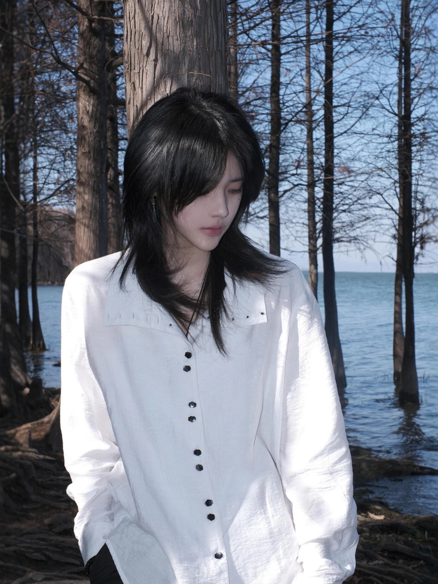 

Cleanfit White Ice Silk Long Sve irt ex Spring Summer Multi-Button Design Sun Protection Casual Sle Breathable