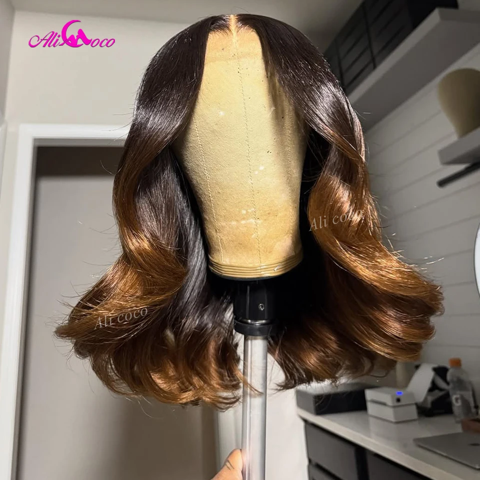 

Плотность 180, омбре, рыжий коричневый, объемная волна, короткий боб, предварительно выщипанный, 13x4, кружевной фронтальный парик, прозрачный бразильский парик из волос для женщин