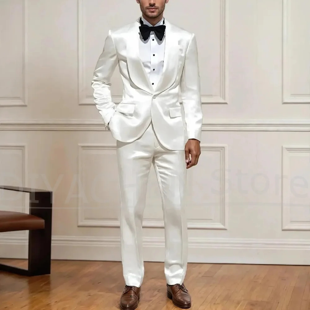 Men'S Formal Evening Wear - Модный белый атласный мужской костюм-двойка с