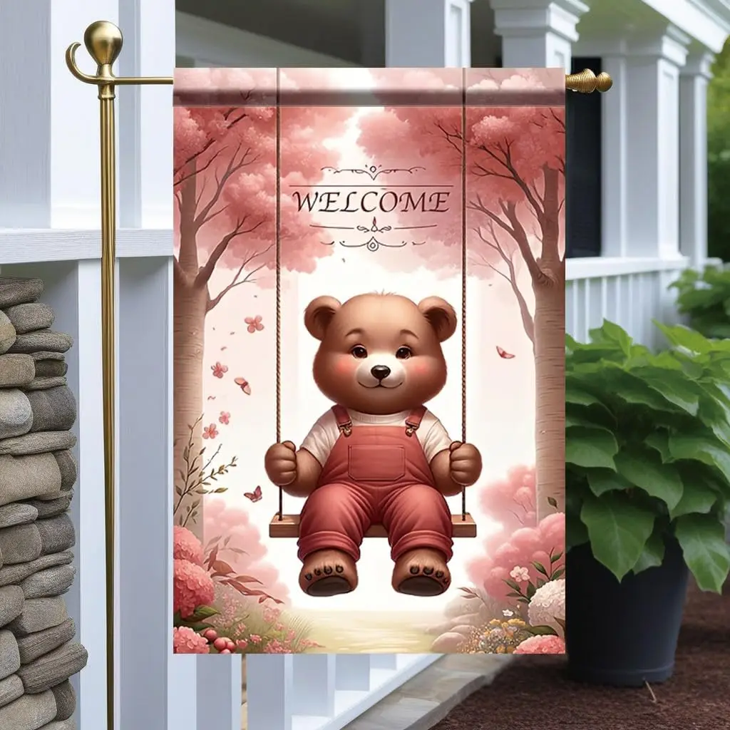 Welcome Garden Flag 12x18 Inch Double Sided Outdoor Yard Banner Cute Teddy Bear Swing Design Pink Cherry Blossom Trees Flora zzo