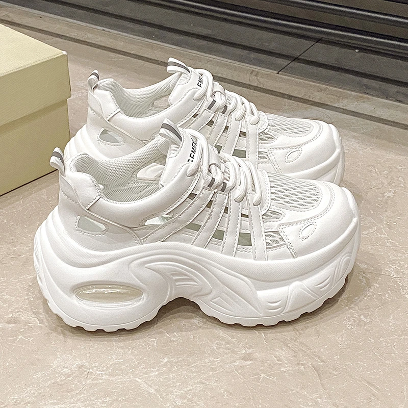 

Женские спортивные кроссовки с дышащей сеткой 7 см, летняя повседневная обувь, удобная повседневная обувь на танкетке, кожаные сандалии с открытыми отверстиями