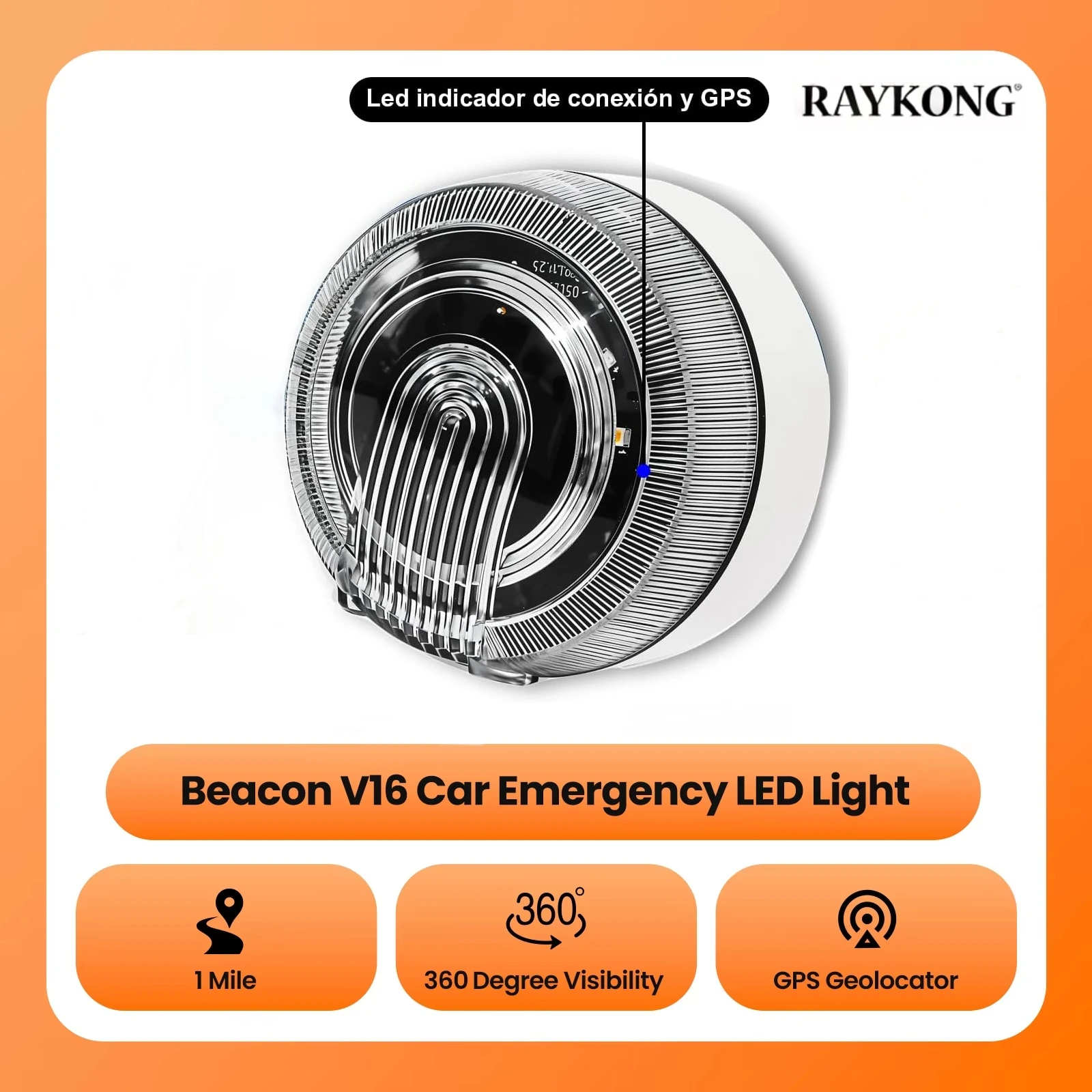 Beacon RAYKONG V16 2.ª Generación, Luz LED de Emergencia para Automóvil con Geolocalizador GPS DGT 3.0, IP54, Alcance de 1 Milla, SIM y Datos Pagados Hasta 2038
