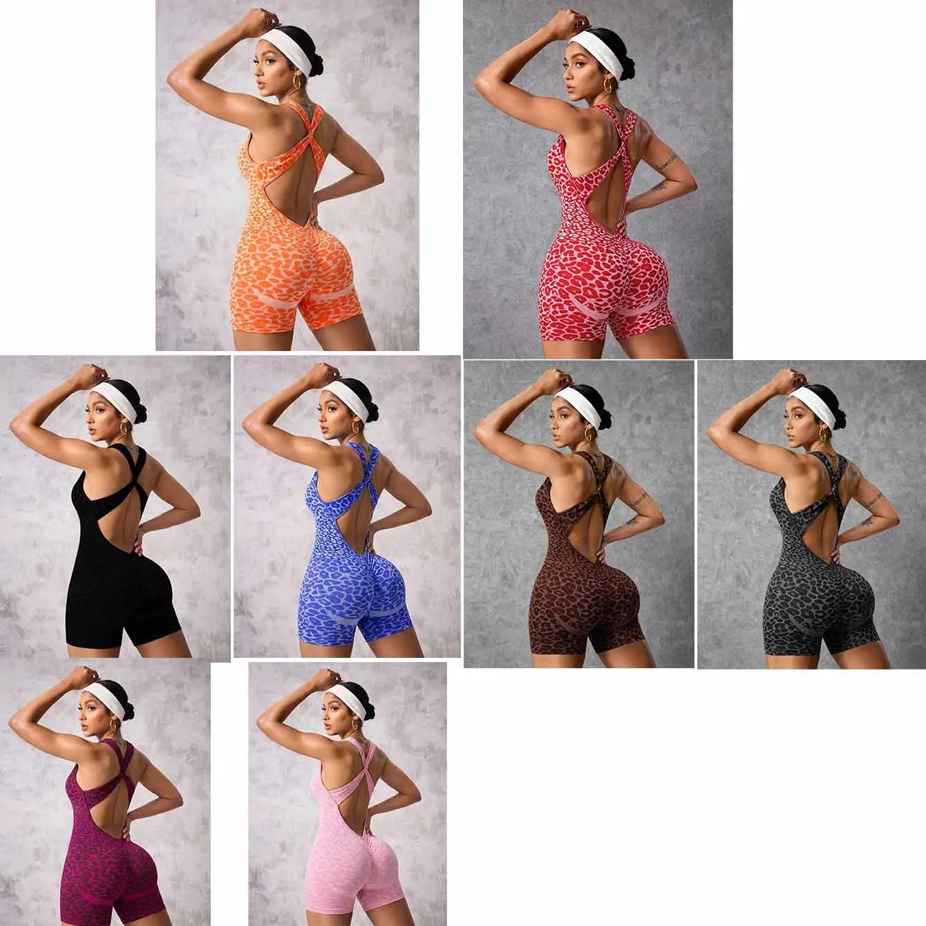 Seamless Leopard Print Cross-strap One-piece Shorts Yoga Clothes Fitness Tight High Elastic Yoga Vest with One-piece Chest Pad