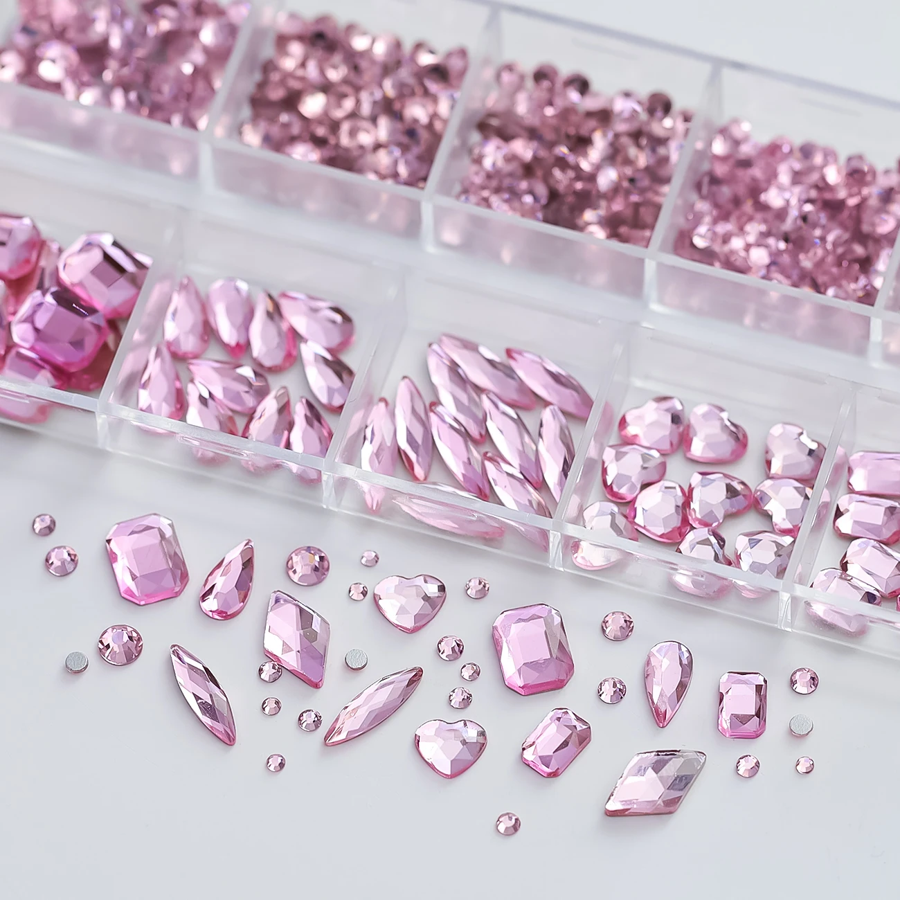 12 Gitter, luxuriöse rosa Diamanten, SS4-SS16, Nagel-Strasssteine und Liebesherz, quadratisch, Tropfenform, Nagelschmuck, Valentinstag-Nagelzubehör