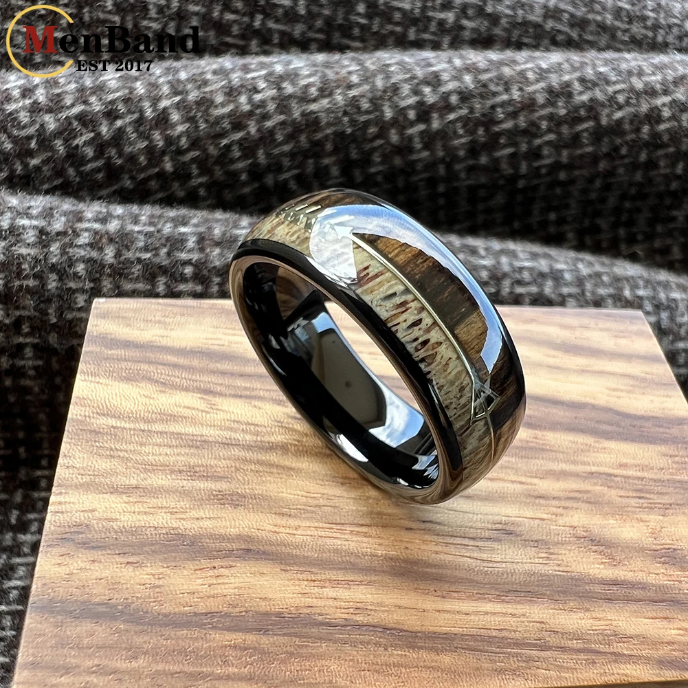MenBand 6/8MM Koa Zebra Wood Antler Steel Arrows Inlay Tungsten Band Rings for Men Women Wedding Engagement Jewelry Comfort Fit view 5