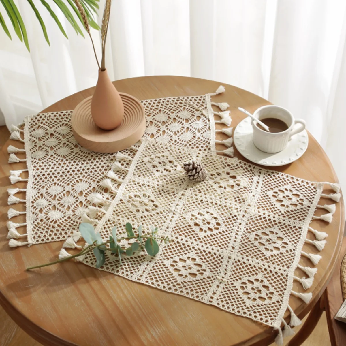 Handmade Crochet Placemats Cotton Lace Doilies Hollow Out Beige Hexagonal Flower Coaster Table Decor Farmhouse Photo Background