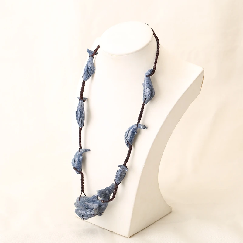 Natural Blue Coral Handcarved  Dolphin Necklace - Ocean Style Adjustable 18-28 Inch Jewelry Accessory 64x27x23mm, 34x11x12mm