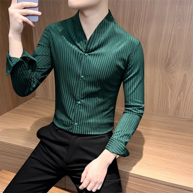 2025 Fashion Collarless Long Sleeve Casual Shirt Men High Quality Slim Fit Versatile Striped Business Shirt Men Clothing