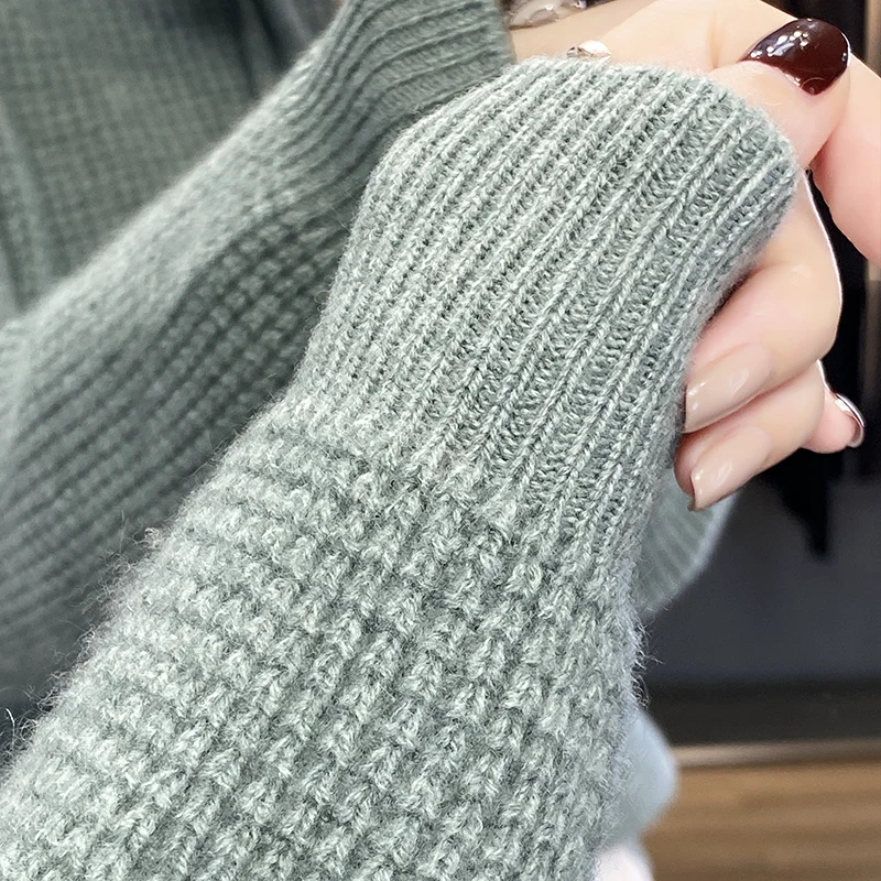 Autumn Winter Women 100% Pure Merino Wool Sweater Polo Collar Houndstooth Thickening Pullover Cashmere Knitwear Female Soft Top