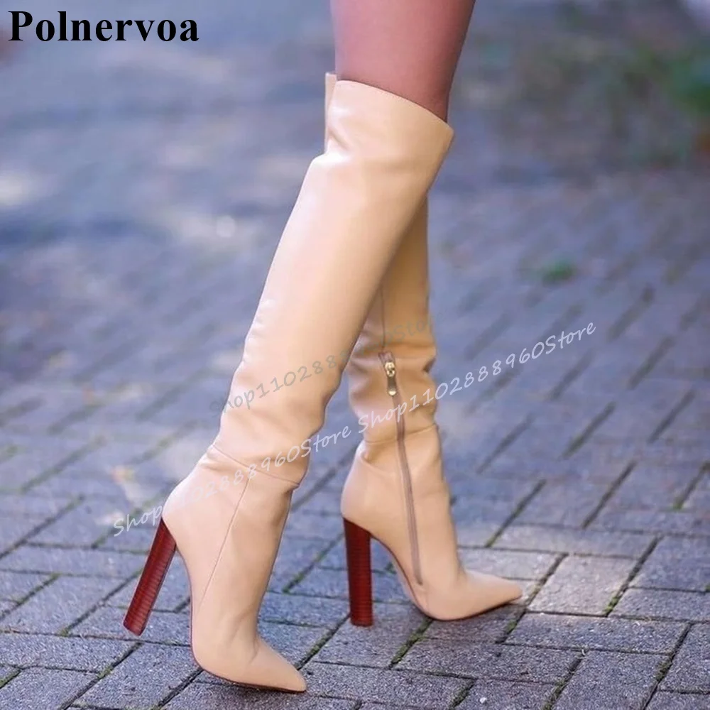 

Trendy Knee High Apricot Matte Leather Slim Boots Chunky High Heel Shoes For Women Side Zipper 2025 Fashion Zapatos Para Mujere