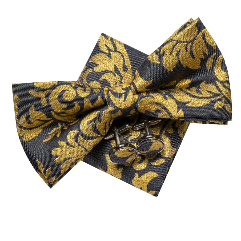 LH-738 Hi-Tie Luxury Gold Silk Bow Ties for Men Fashion Wedding Party Gold Bowtie Handkerchief Cufflinks Set Mens Ties