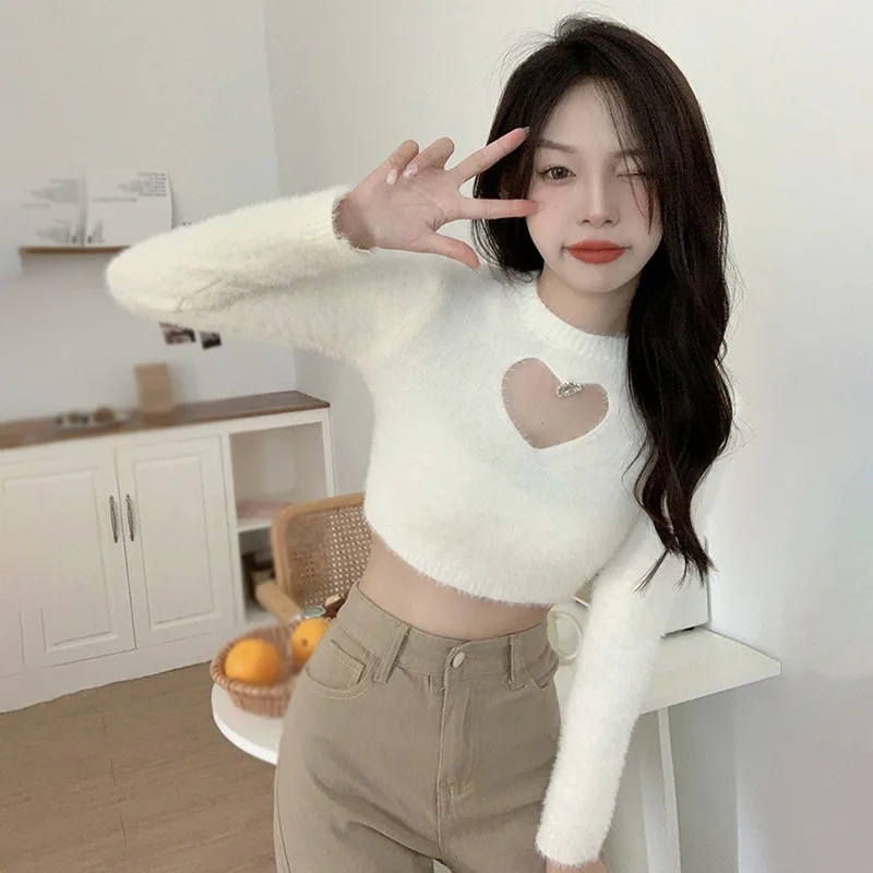 Women Hollow Out Tops Expose Navel Lint Knitted Long Sleeves Sexy Ladies Solid Sweaters Soft Chic