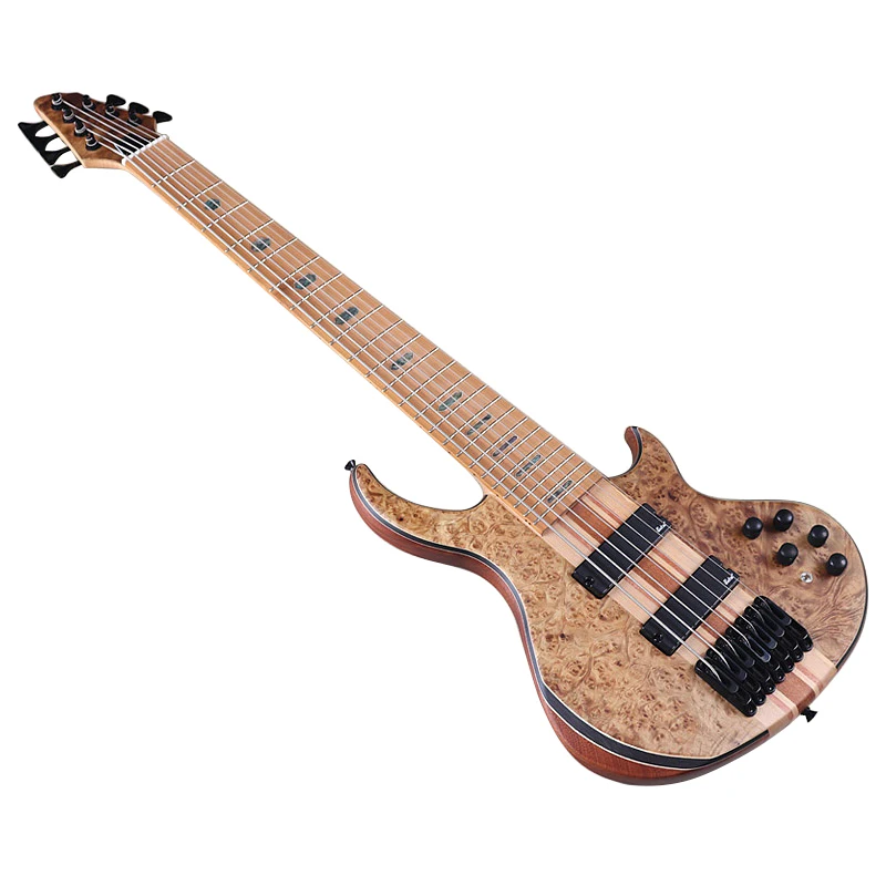 New Design 7 Strings Electric Bass Guitar 43 Inch Acitve Bass Guitar Neck Through Full Okoume Wood Body With Tree Burl Top