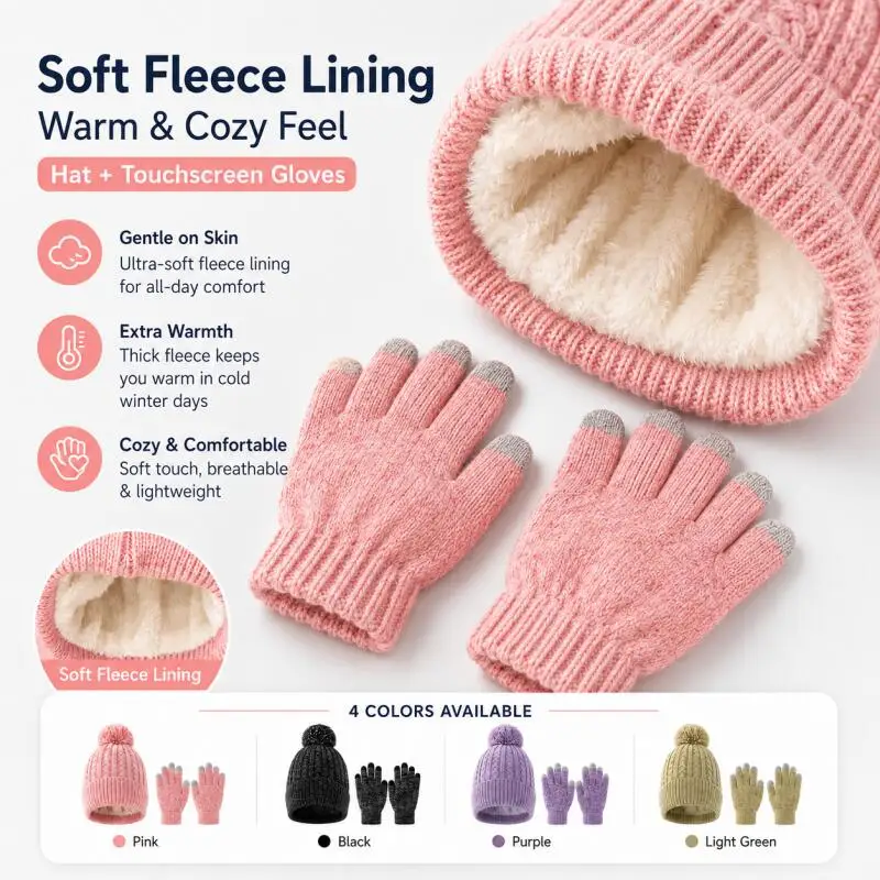 Kids Winter Knit Hat Touchscreen Gloves Set Fleece Line Warm Pom Beanie Elastic Soft Outdoor Snow Ski Cap Gloves Accessory 3-10Y - view 6