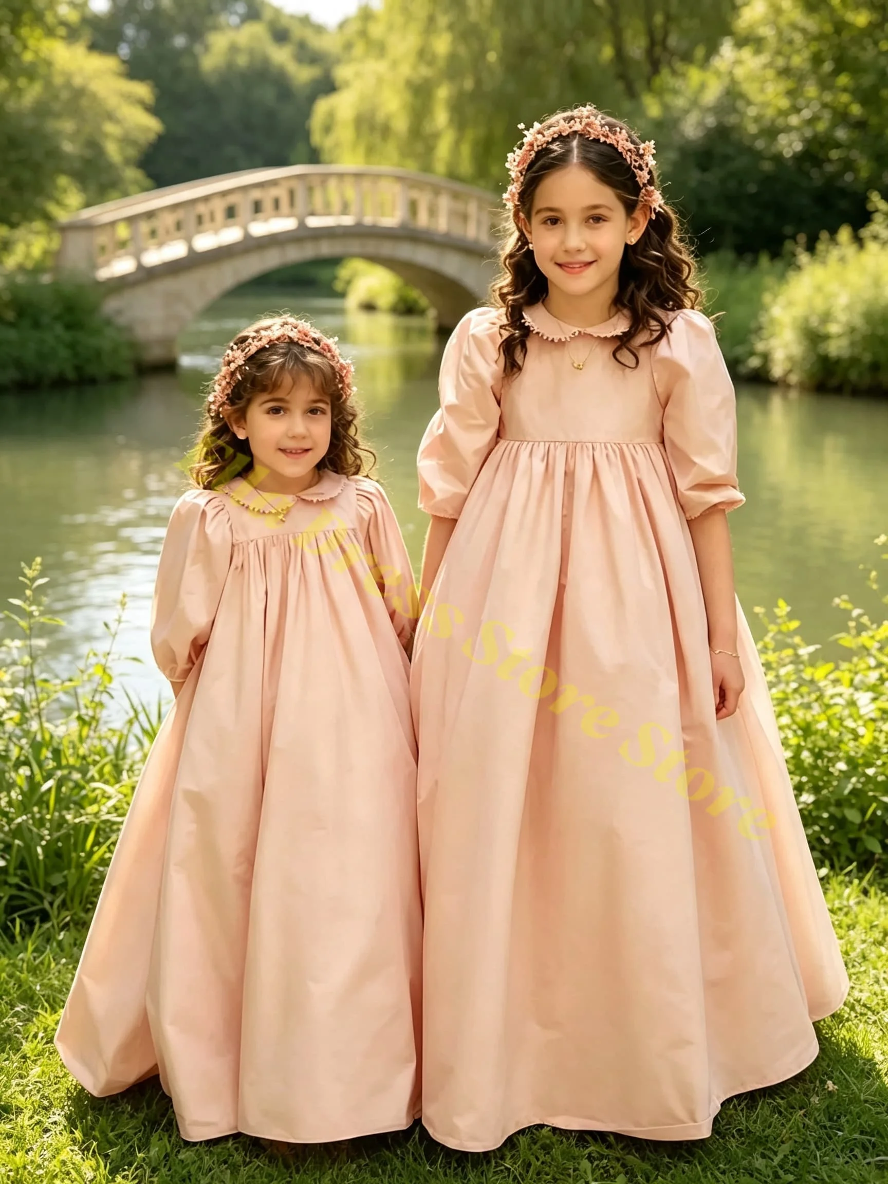 Customized Girl Gown Flower Girl Dress For Wedding 3/4 Sleeves Pink High Waist Satin Birthday Party First Communion Wholesale