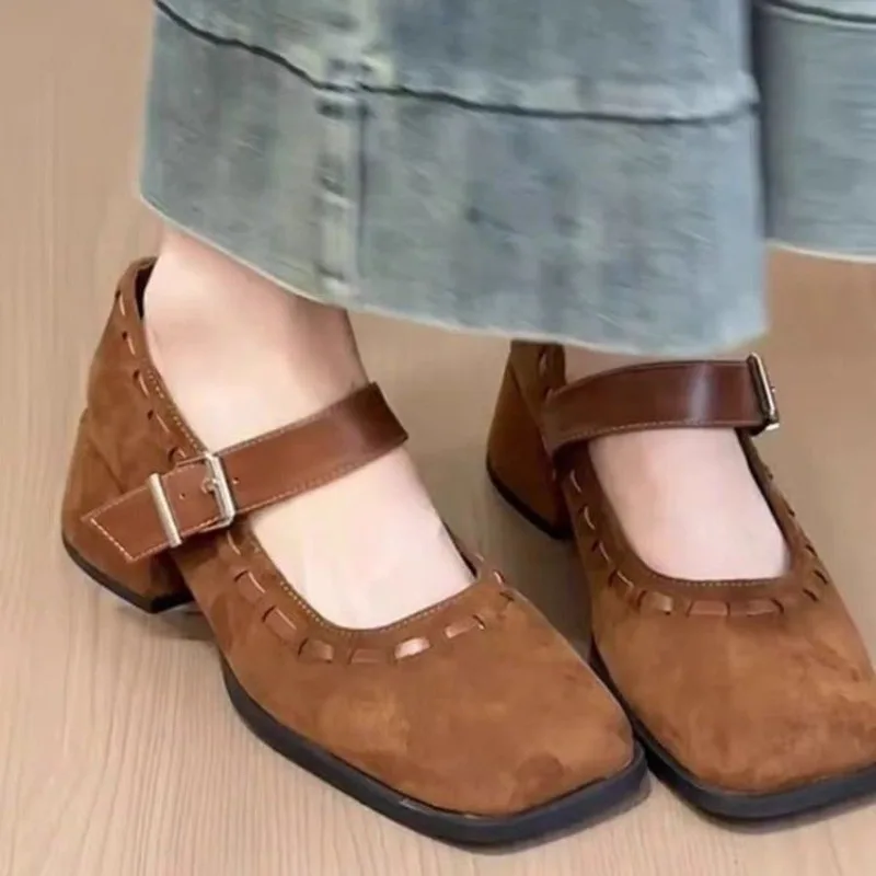 

Vintage One Strap Block Heel Single Shoes Fashion Square Toe Shallow Mouth Soft Sole Non-slip Kitten Heels