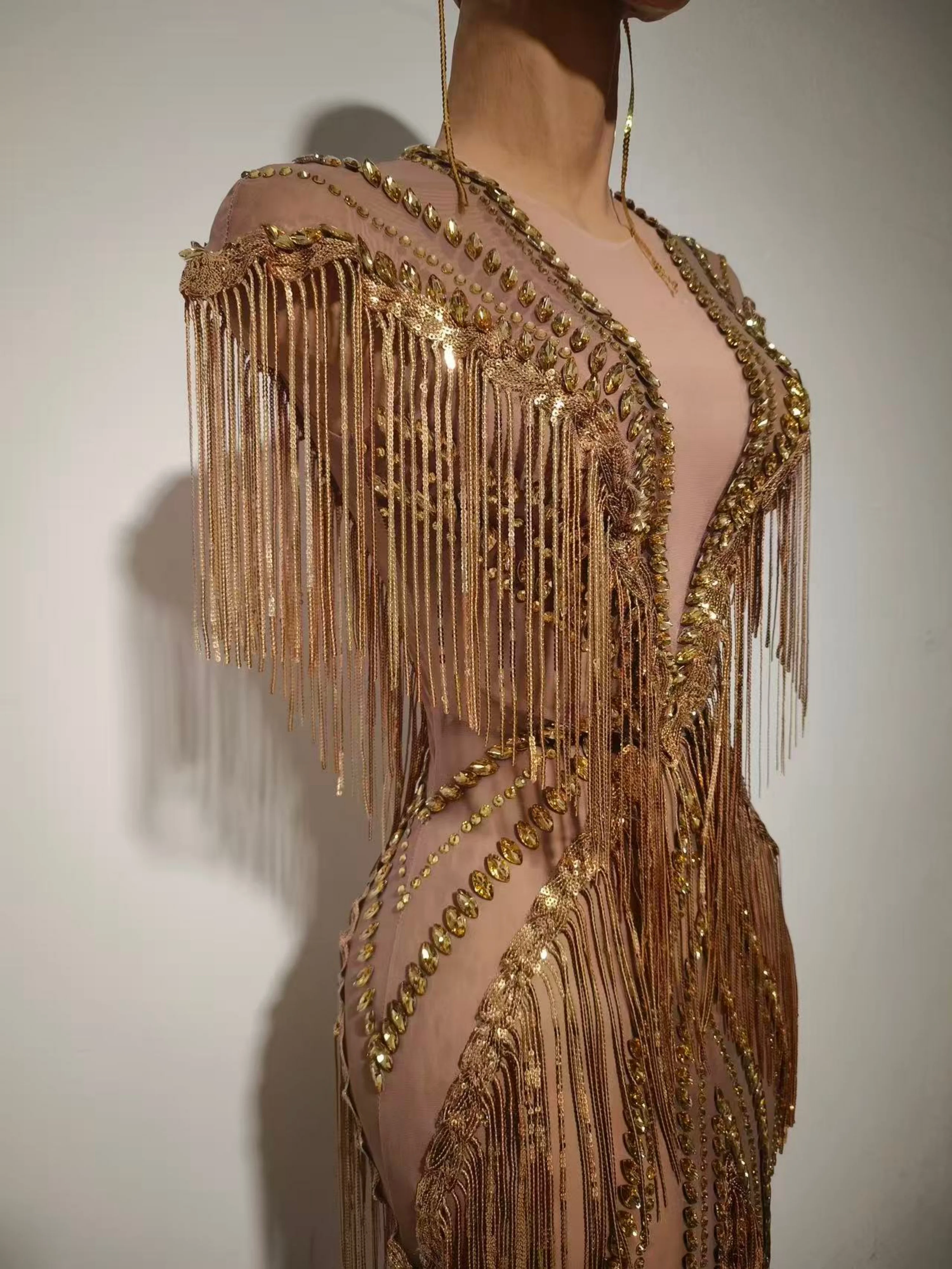 Sexy funkelnde Diamanten Pailletten Fransen Luxus Overall Gold ärmellose Mesh Performance Tanzkostüm Nachtclub Perform Kostüm